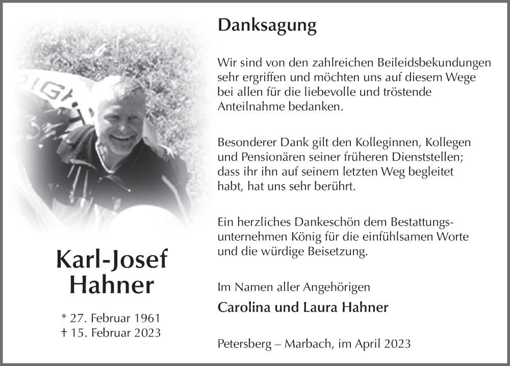  Traueranzeige für Karl-Josef Hahner vom 01.04.2023 aus FZ