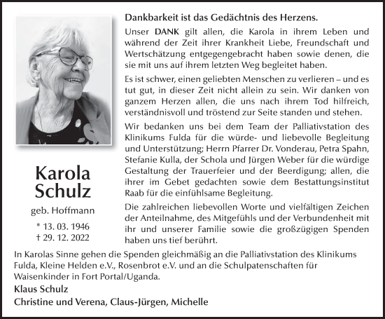 Traueranzeige von Karola Schulz von FZ