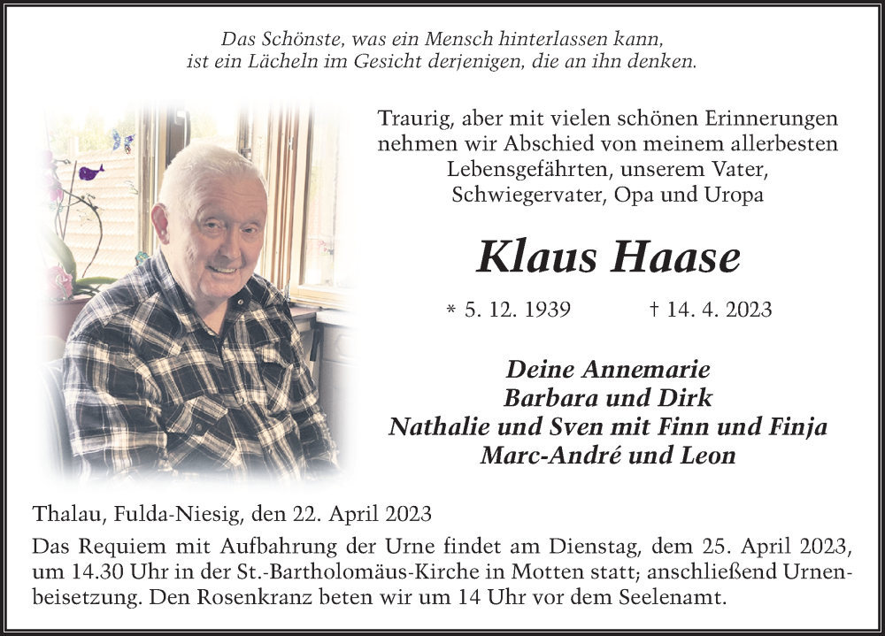 Traueranzeige für Klaus Haase vom 22.04.2023 aus FZ