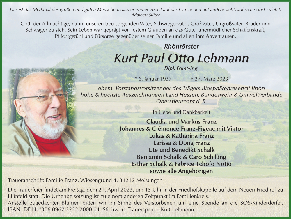  Traueranzeige für Kurt Paul Otto Lehmann vom 15.04.2023 aus FZ