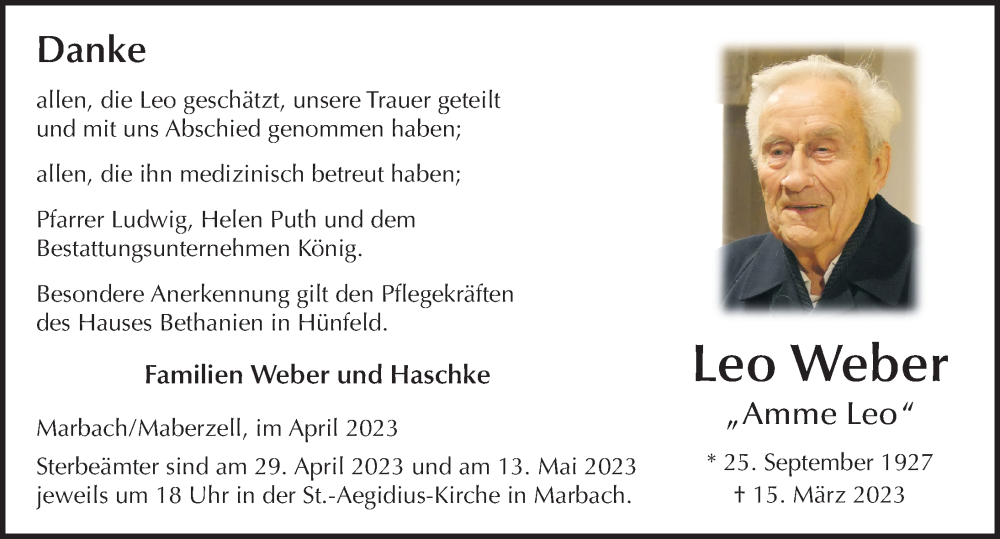  Traueranzeige für Leo Weber vom 22.04.2023 aus FZ