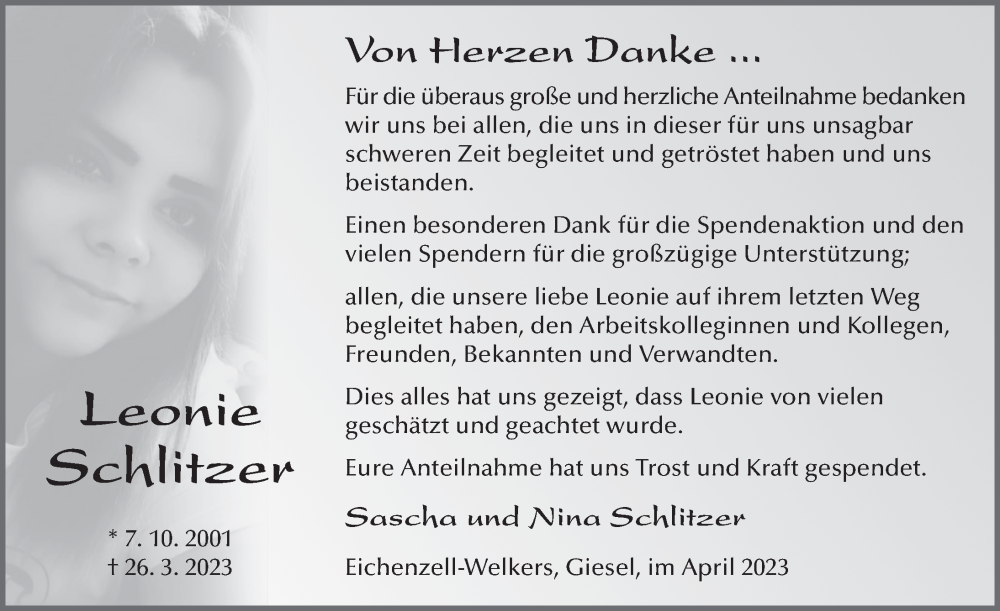  Traueranzeige für Leonie Schlitzer vom 15.04.2023 aus FZ