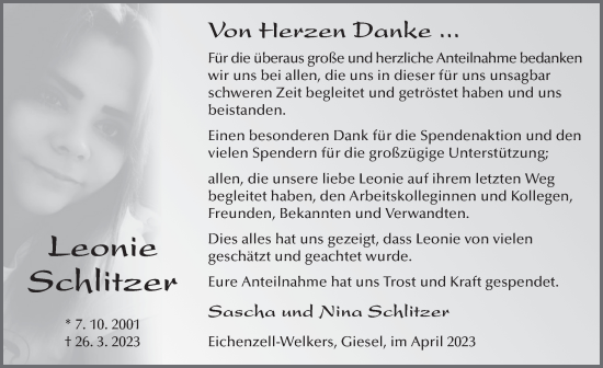 Traueranzeige von Leonie Schlitzer von FZ