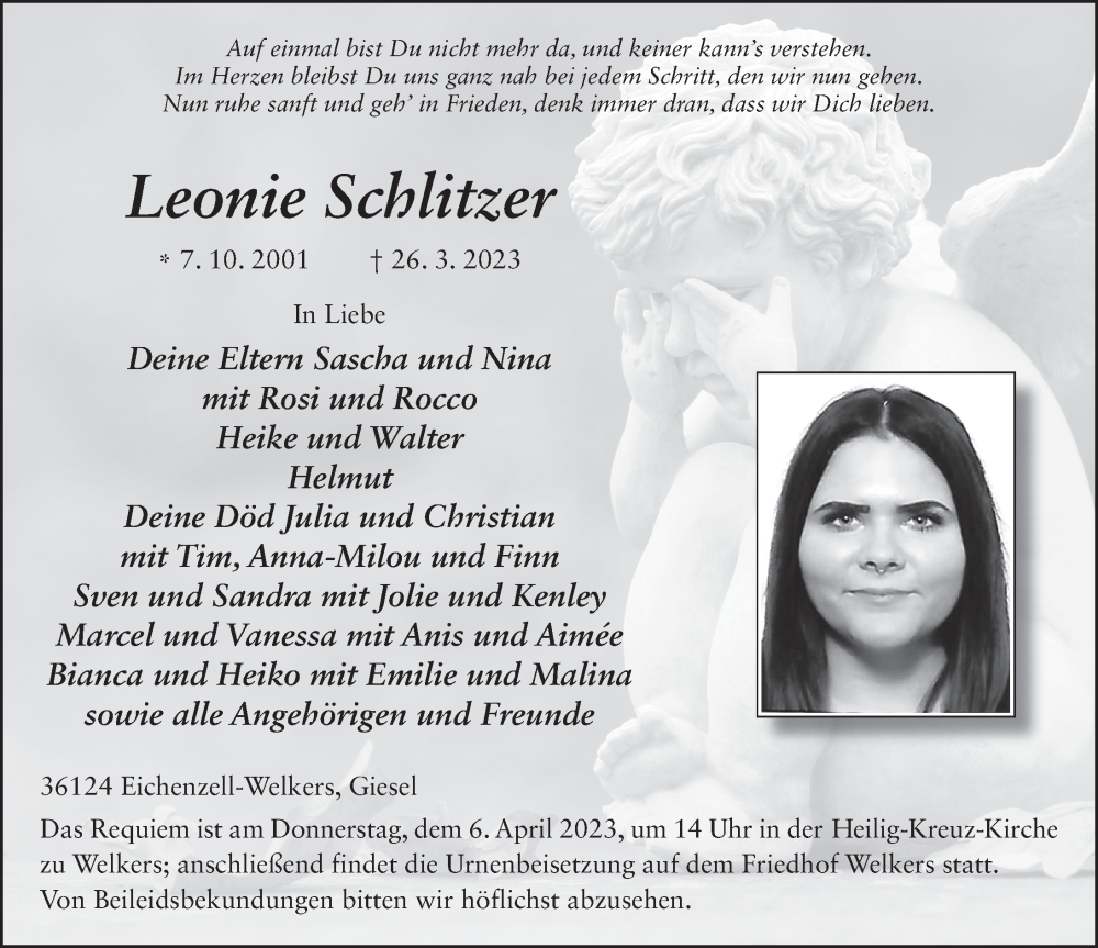  Traueranzeige für Leonie Schlitzer vom 01.04.2023 aus FZ