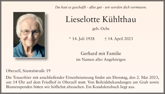 Traueranzeige von Lieselotte Kühlthau von FZ
