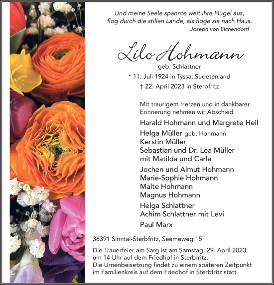 Traueranzeige von Lilo Hohmann von FZ