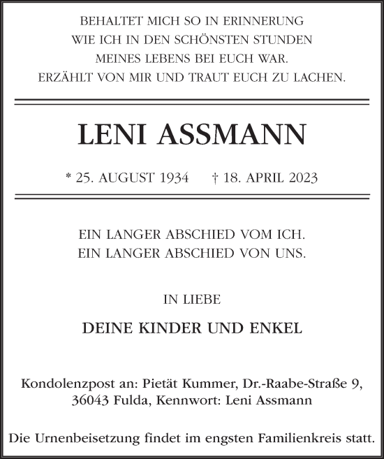 Traueranzeige von Magdalena Assmann von FZ