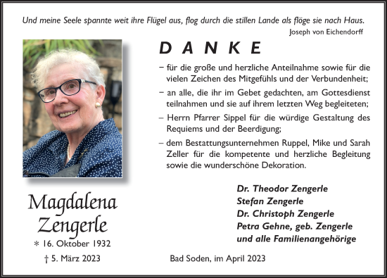 Traueranzeige von Magdalena Zengerle von FZ