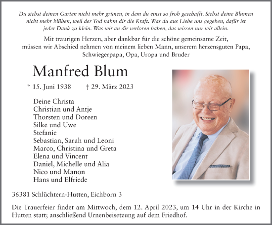 Traueranzeige von Manfred Blum von FZ