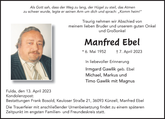 Traueranzeige von Manfred Ebel von FZ
