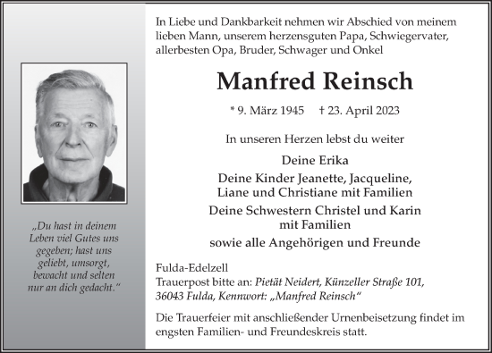 Traueranzeige von Manfred Reinsch von FZ