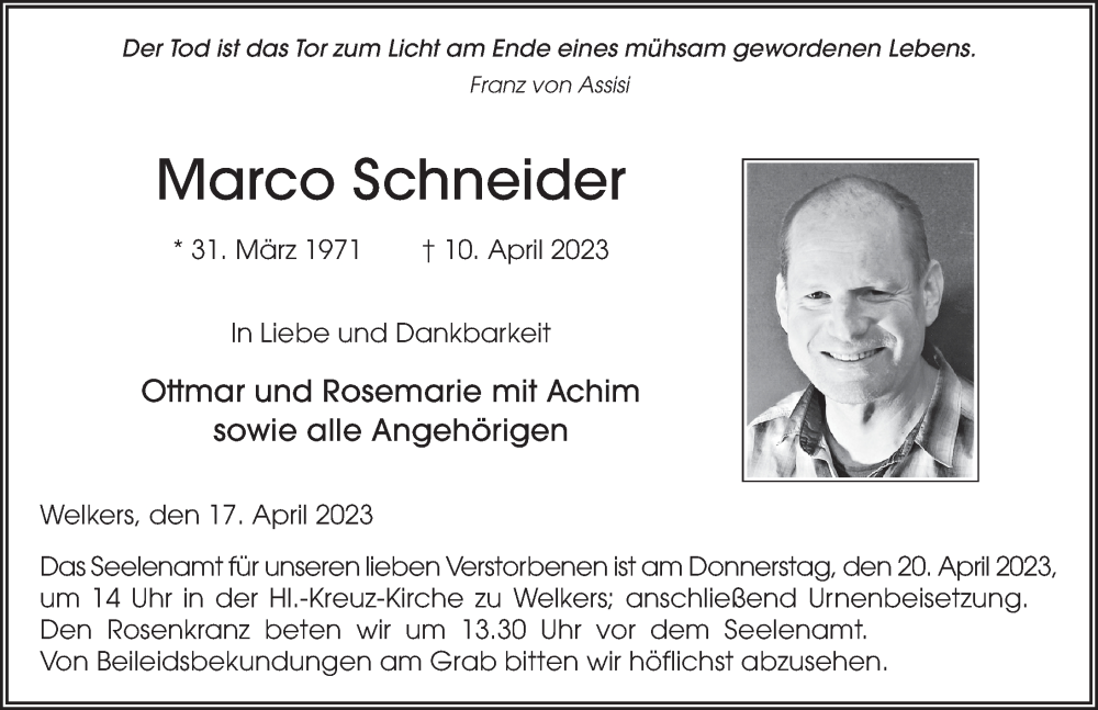  Traueranzeige für Marco Schneider vom 17.04.2023 aus FZ
