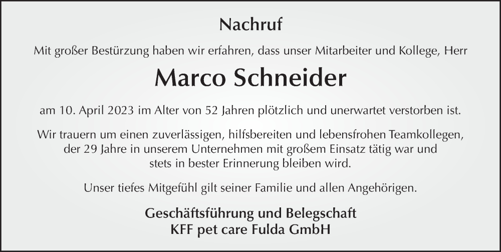  Traueranzeige für Marco Schneider vom 17.04.2023 aus FZ