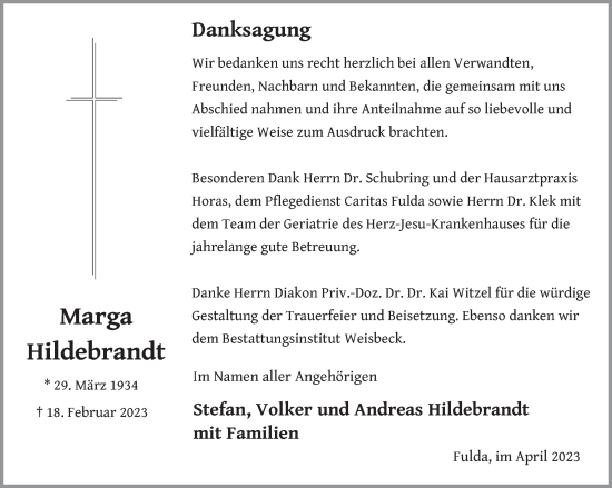 Traueranzeige von Marga Hildebrandt von FZ
