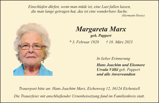 Traueranzeige von Margareta Marx von FZ