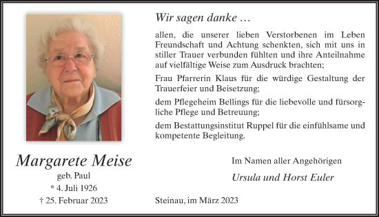 Traueranzeige von Margarete Meise von FZ