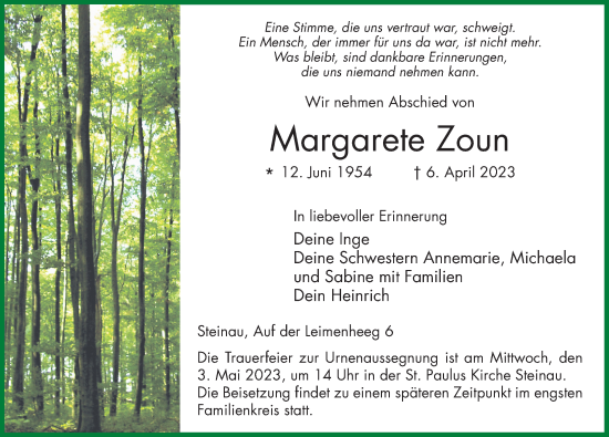 Traueranzeige von Margarete Zoun von FZ