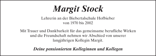 Traueranzeige von Margit Stock von FZ