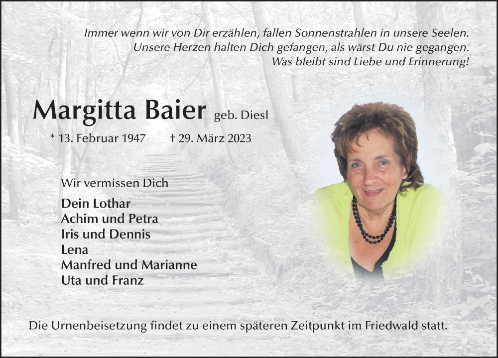  Traueranzeige für Margitta Baier vom 08.04.2023 aus FZ