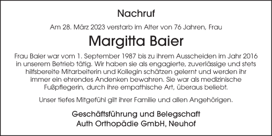 Traueranzeige von Margitta Baier