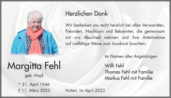 Traueranzeige von Margitta Fehl von FZ