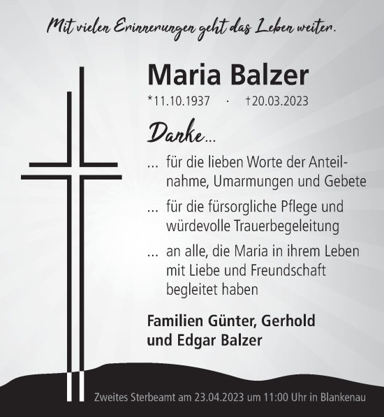 Traueranzeige von Maria Balzer von FZ