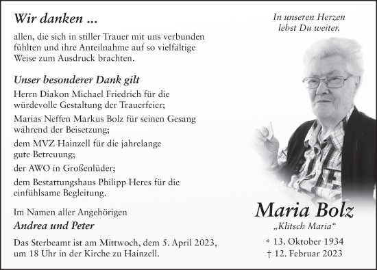 Traueranzeige von Maria Bolz von FZ