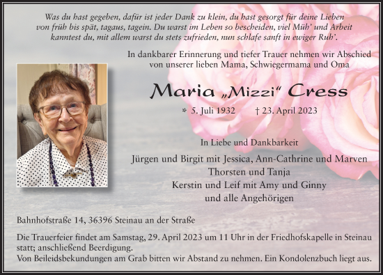 Traueranzeige von Maria Cress von FZ