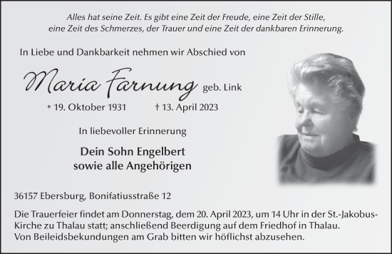 Traueranzeige von Maria Farnung von FZ