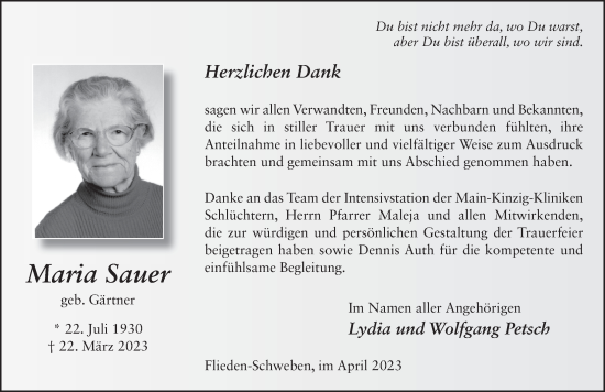 Traueranzeige von Maria Sauer von FZ