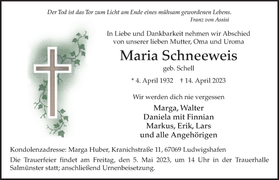 Traueranzeige von Maria Schneeweis von FZ