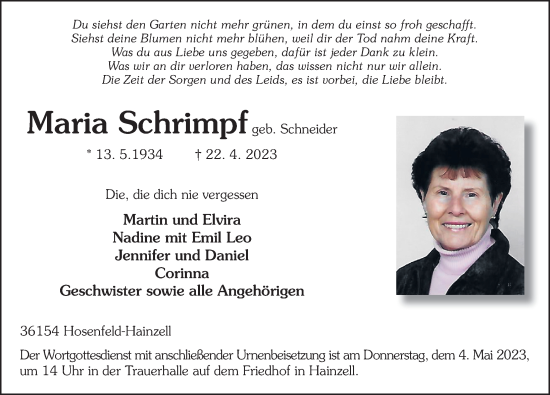 Traueranzeige von Maria Schrimpf von FZ