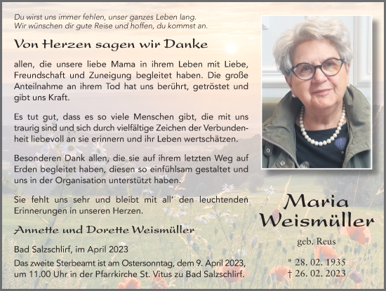 Traueranzeige von Maria Weismüller von FZ