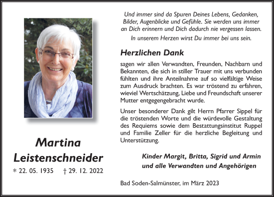 Traueranzeige von Martina Leistenschneider von FZ