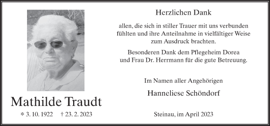 Traueranzeige von Mathilde Traudt von FZ