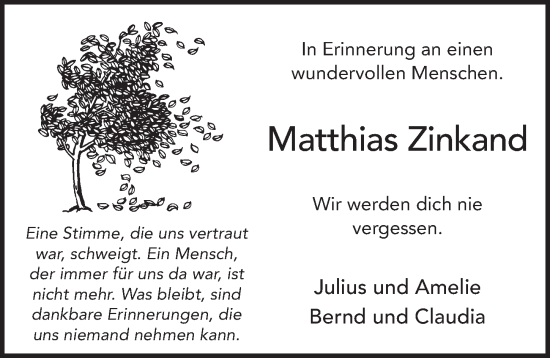 Traueranzeige von Matthias Zinkand von FZ