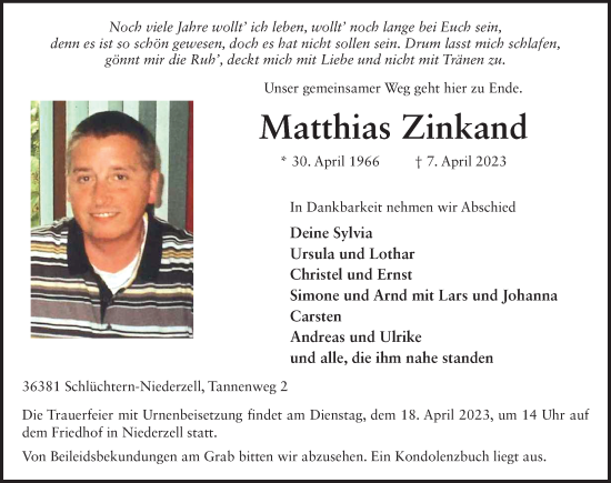 Traueranzeige von Matthias Zinkand von FZ
