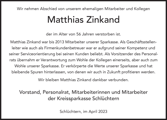 Traueranzeige von Matthias Zinkand von FZ
