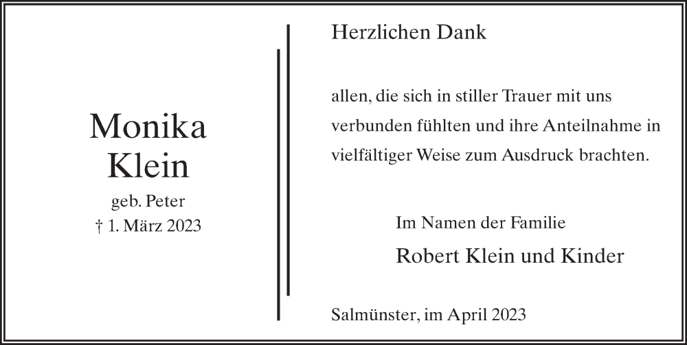  Traueranzeige für Monika Klein vom 01.04.2023 aus FZ