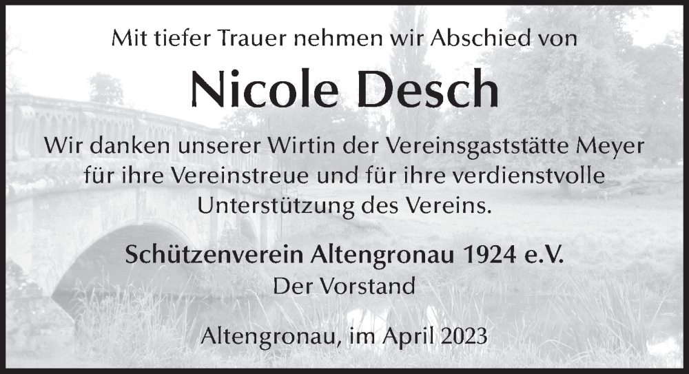  Traueranzeige für Nicole Desch vom 12.04.2023 aus FZ