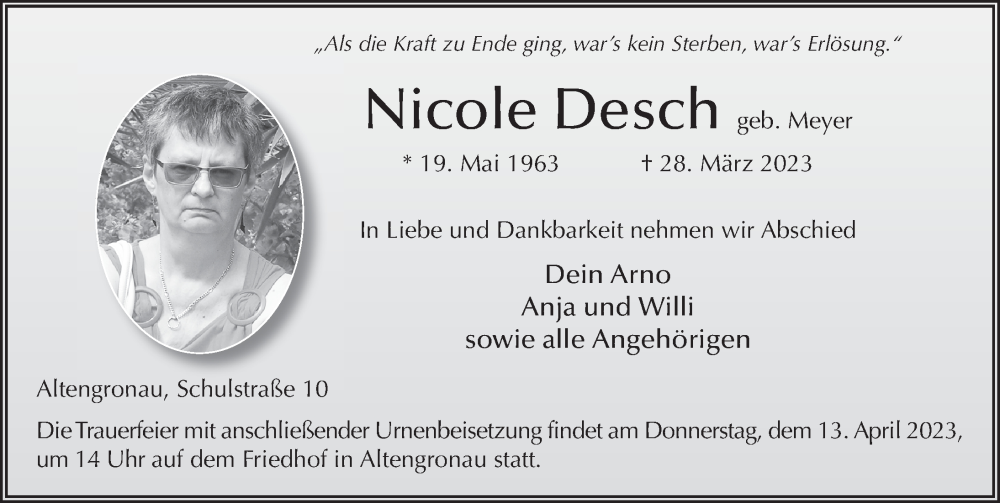  Traueranzeige für Nicole Desch vom 08.04.2023 aus FZ