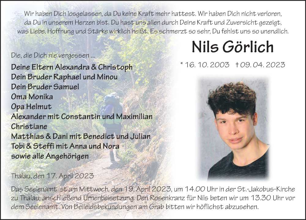  Traueranzeige für Nils Görlich vom 17.04.2023 aus FZ