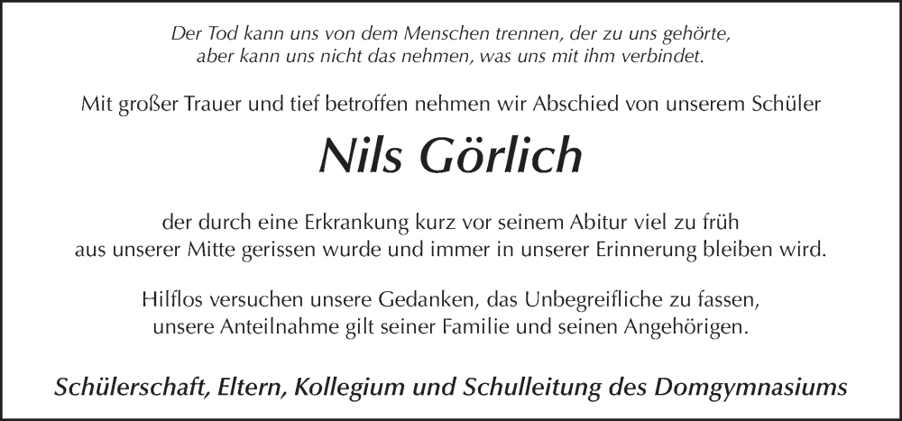  Traueranzeige für Nils Görlich vom 17.04.2023 aus FZ