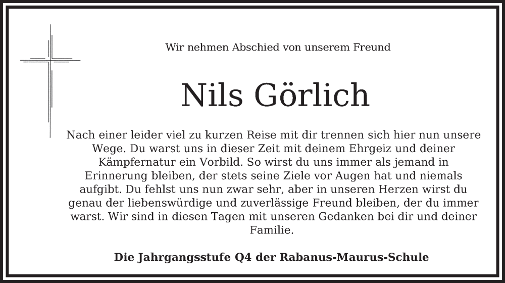  Traueranzeige für Nils Görlich vom 17.04.2023 aus FZ