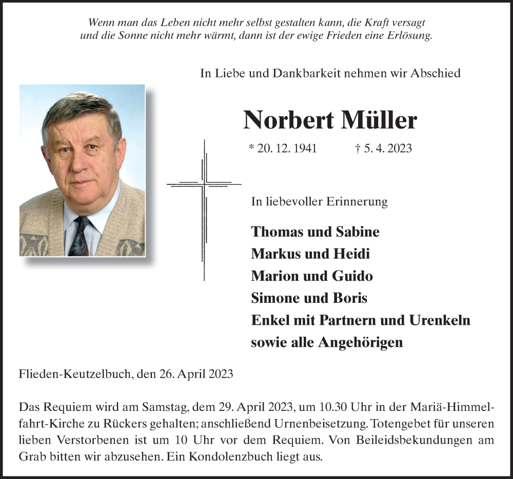  Traueranzeige für Norbert Müller vom 26.04.2023 aus FZ