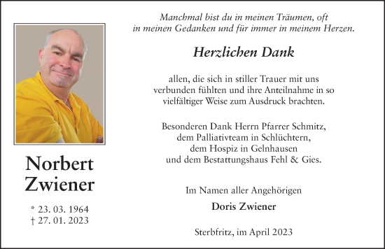Traueranzeige von Norbert Zwiener von FZ