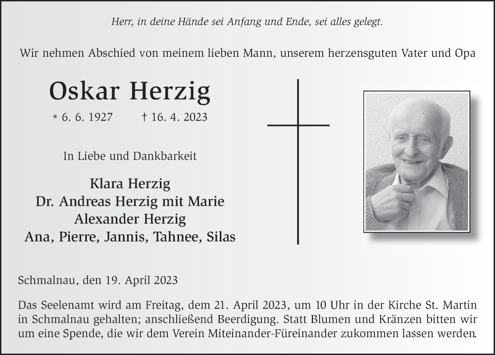  Traueranzeige für Oskar Herzig vom 19.04.2023 aus FZ