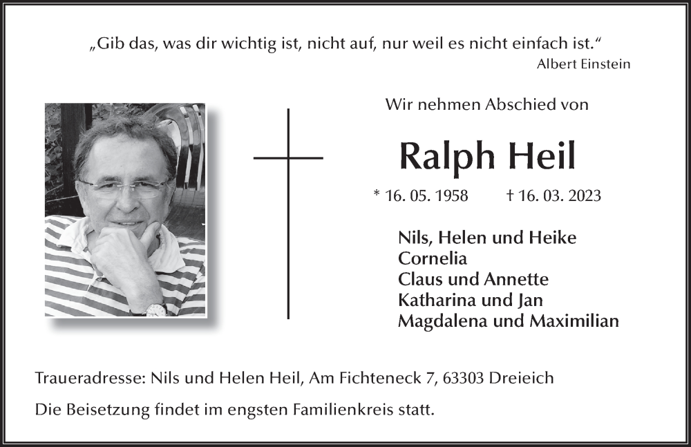  Traueranzeige für Ralph Heil vom 08.04.2023 aus FZ
