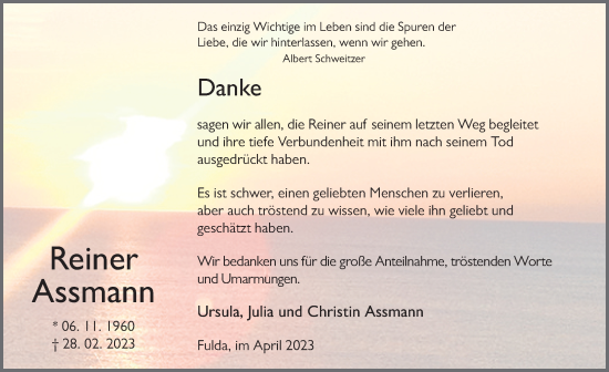 Traueranzeige von Reiner Assmann von FZ