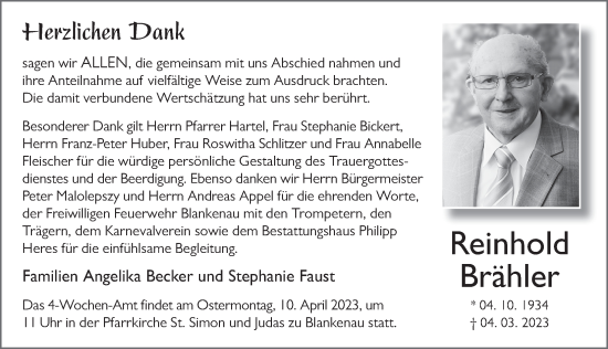 Traueranzeige von Reinhold Brähler von FZ